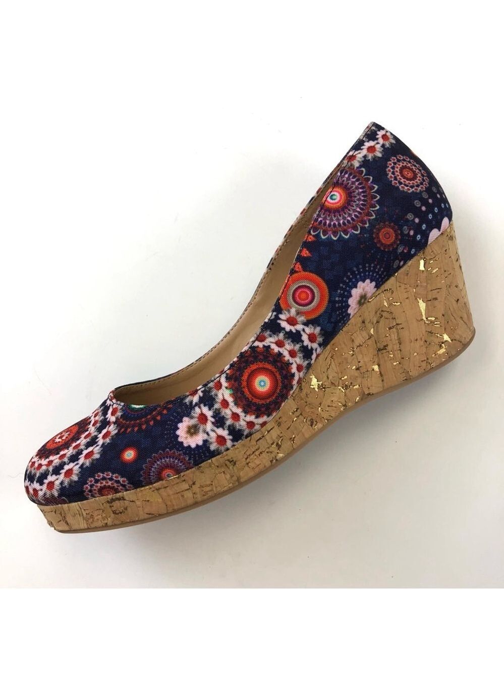 Desigual Mary graphic floral canvas cork wedge heel Size 8